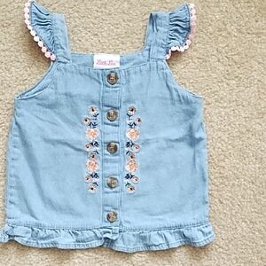 Little Lass Denim Top Girls Size 4T Western Embroidered Ruffles Blue Pink